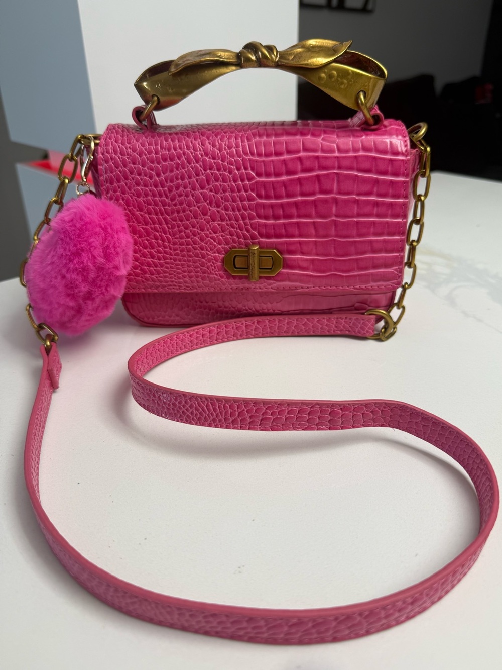 Betsy Johnson Pink Croc-Embossed Crossbody Bag with Gold Hardware